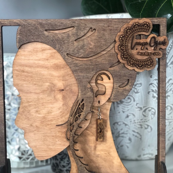Handmade Wood Stained and Laser Cut & Engraved Long Dangle Earrings - Picture 2 of 2